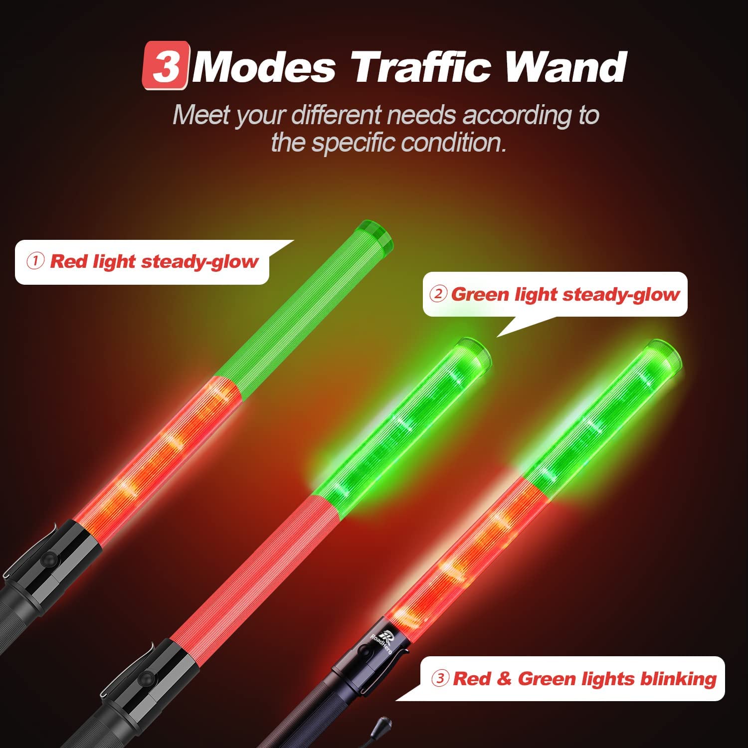 2-Pack LED Traffic Wands 21 Inch – Red & Green, 3 Flashing Modes, Safety Baton with Side Clip for Airport & Parking Control