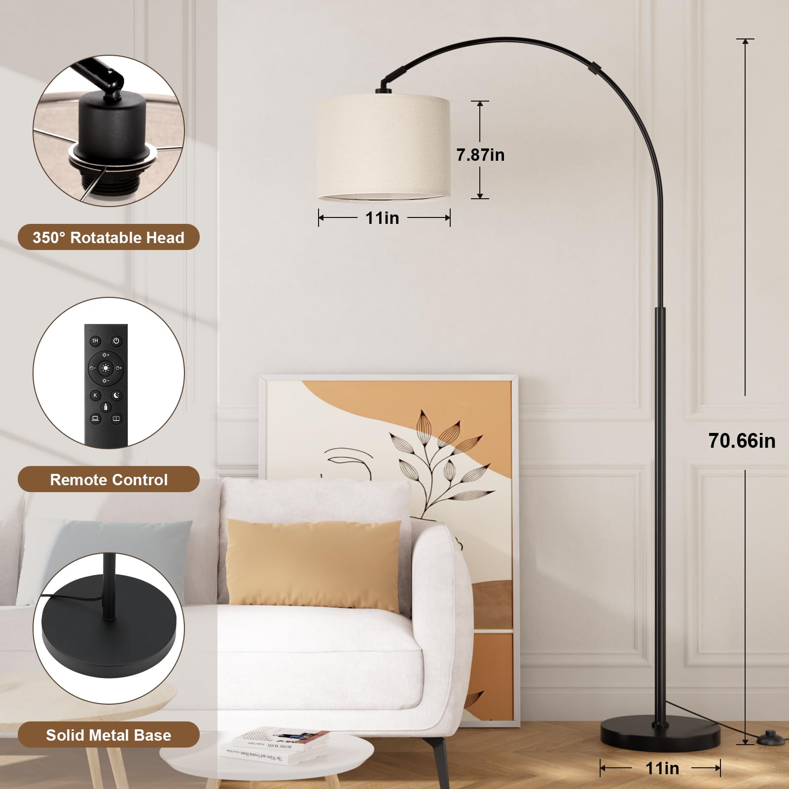70-inch dimmable arc floor lamp with rotating head for sofas