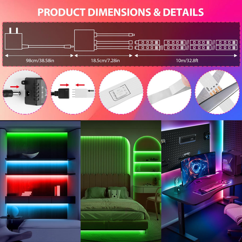 2-Pack LED Strip Lights 65.6FT – RGB Color Changing, Dimmable 5050, Remote Control, Self-Adhesive for Home & Party Decor
