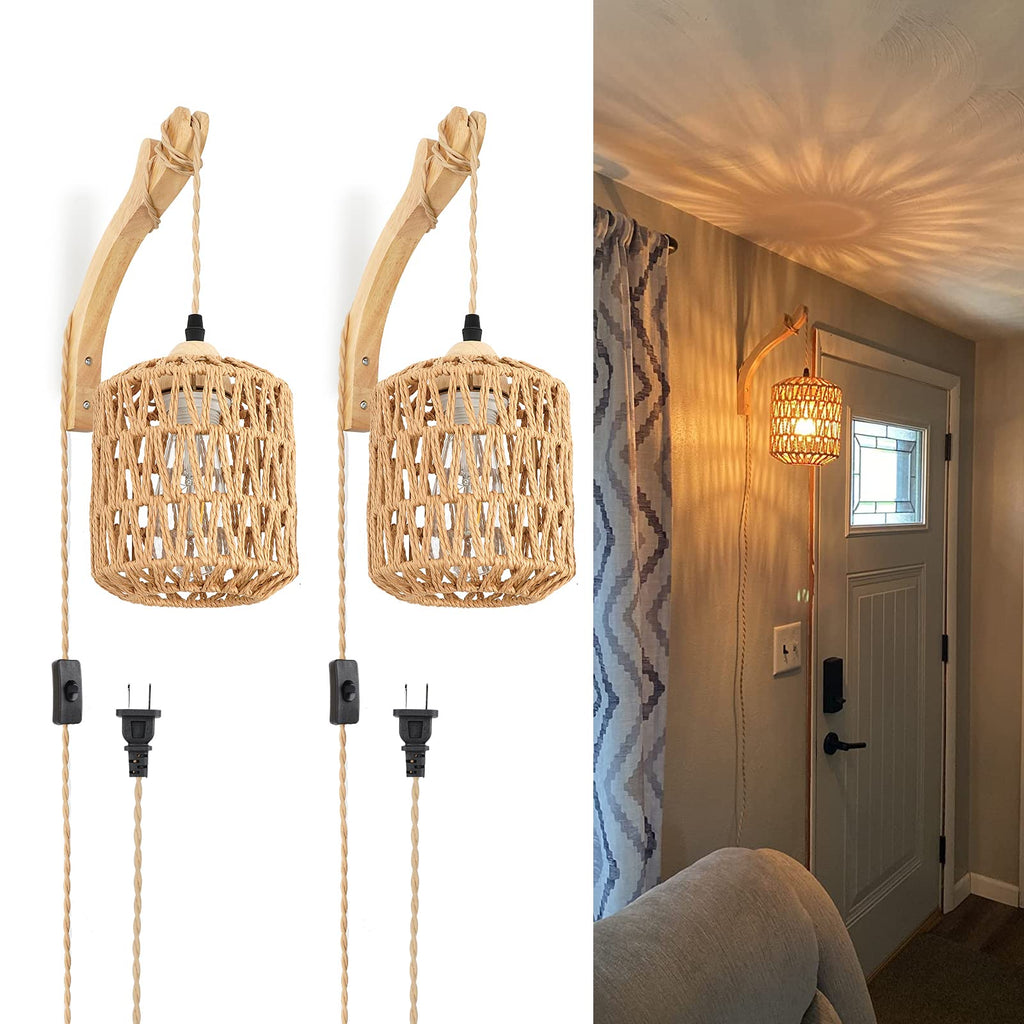 Set of 2 hand-woven rattan plug-in wall sconces for boho home decor
