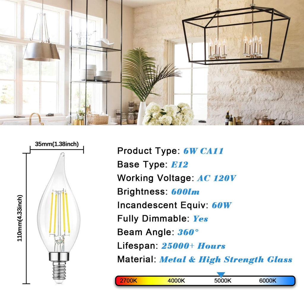 TOBUSA E12 Candelabra LED Bulbs Dimmable – 6W (60W Equivalent), 600LM, 5000K Daylight White, CA11 Flame Tip for Chandeliers & Ceiling Fans