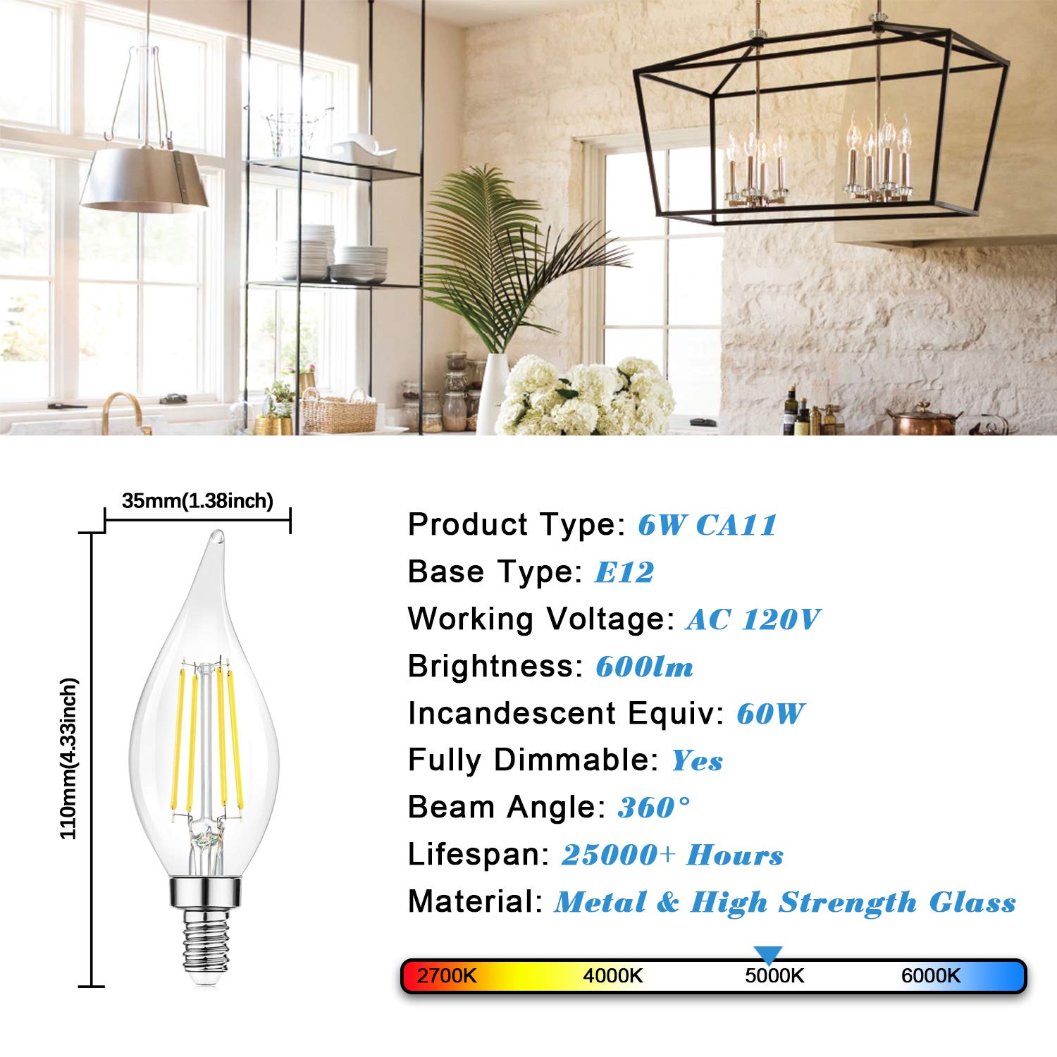 TOBUSA E12 Candelabra LED Bulbs Dimmable – 6W (60W Equivalent), 600LM, 5000K Daylight White, CA11 Flame Tip for Chandeliers & Ceiling Fans