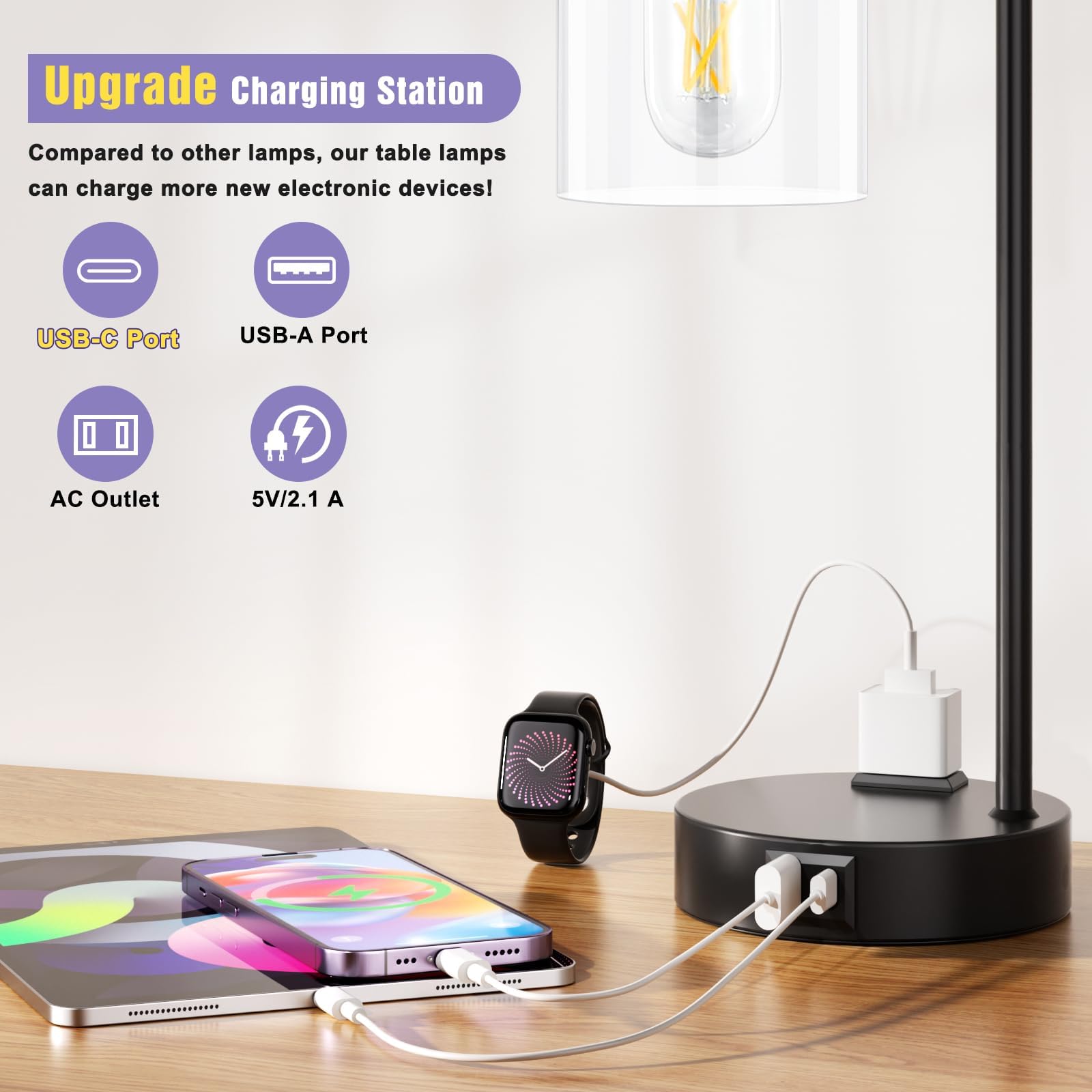 Industrial Touch Bedside Lamp Set of 2 with USB Charging Ports, 3-Way Dimmable