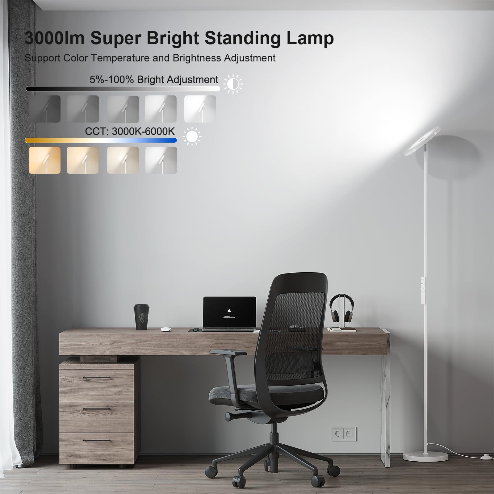 69-inch torchiere floor lamp, 3000-lumen dimmable LED with remote