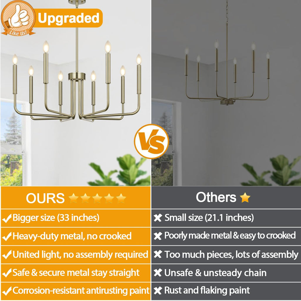 6-light brass farmhouse chandelier for dining room decor, candle style