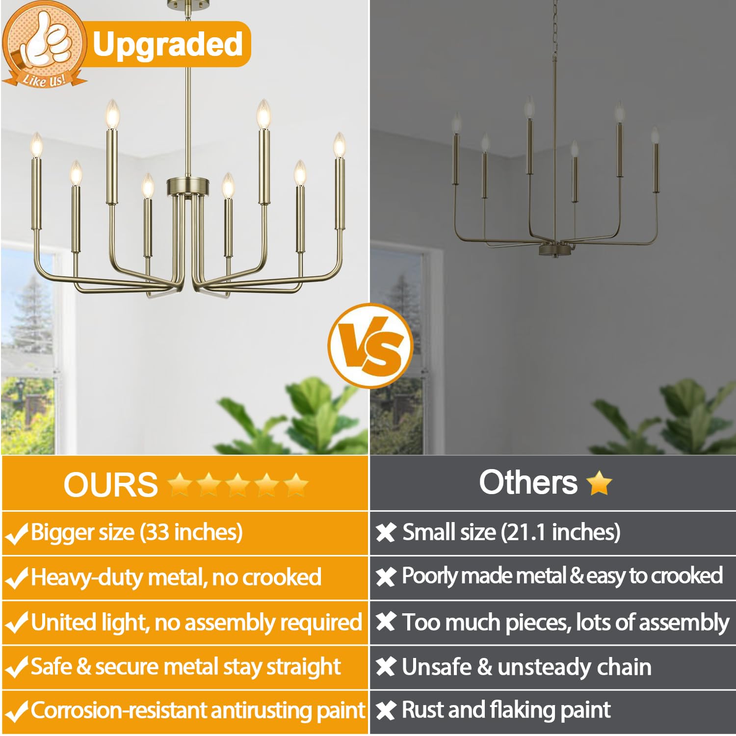 6-light brass farmhouse chandelier for dining room decor, candle style