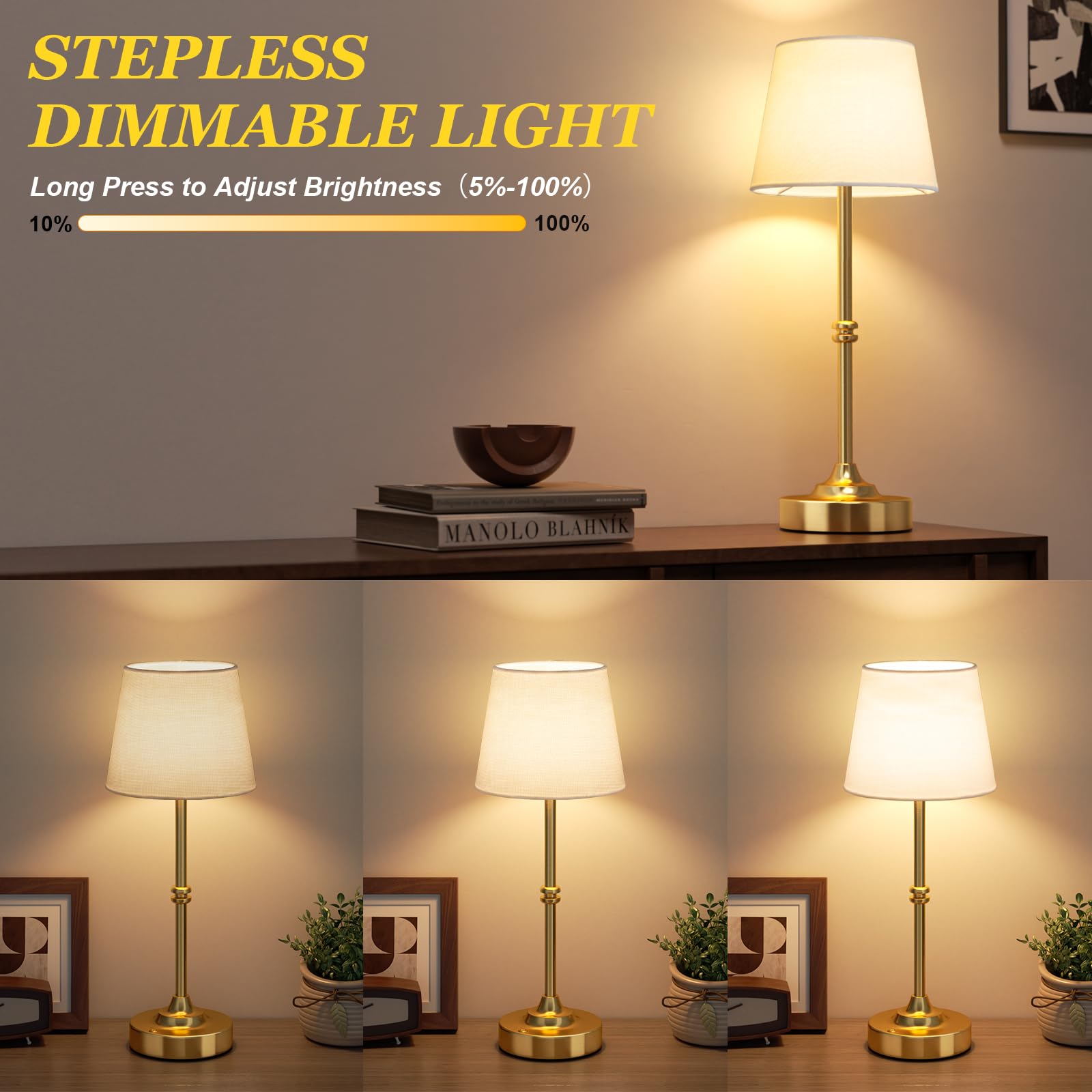 Rechargeable cordless brass table lamp with touch dimming and warm light