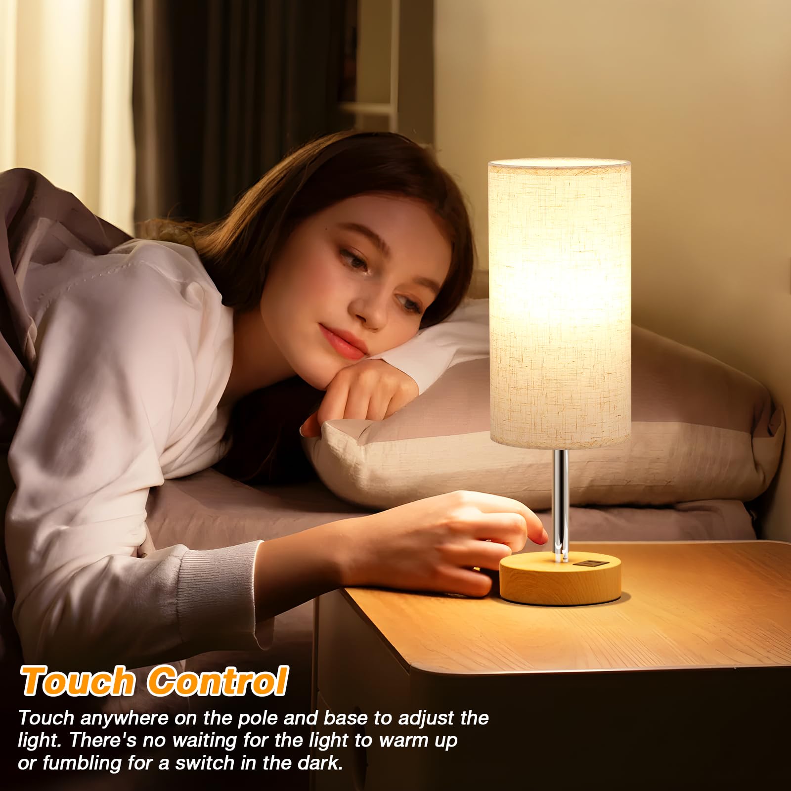 Wood Touch Bedside Lamp with USB Charging Station, 3-Way Dimmable, 14-Inch