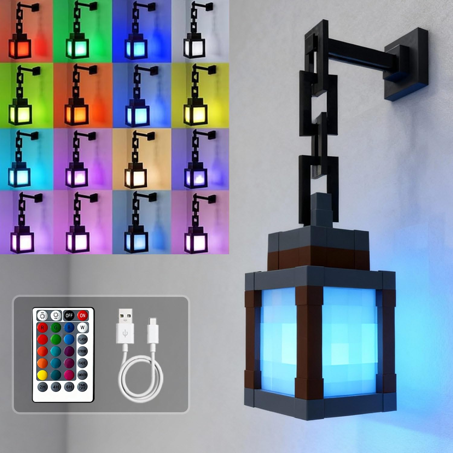 Retro pixel-style LED night light with 16 colors and remote control