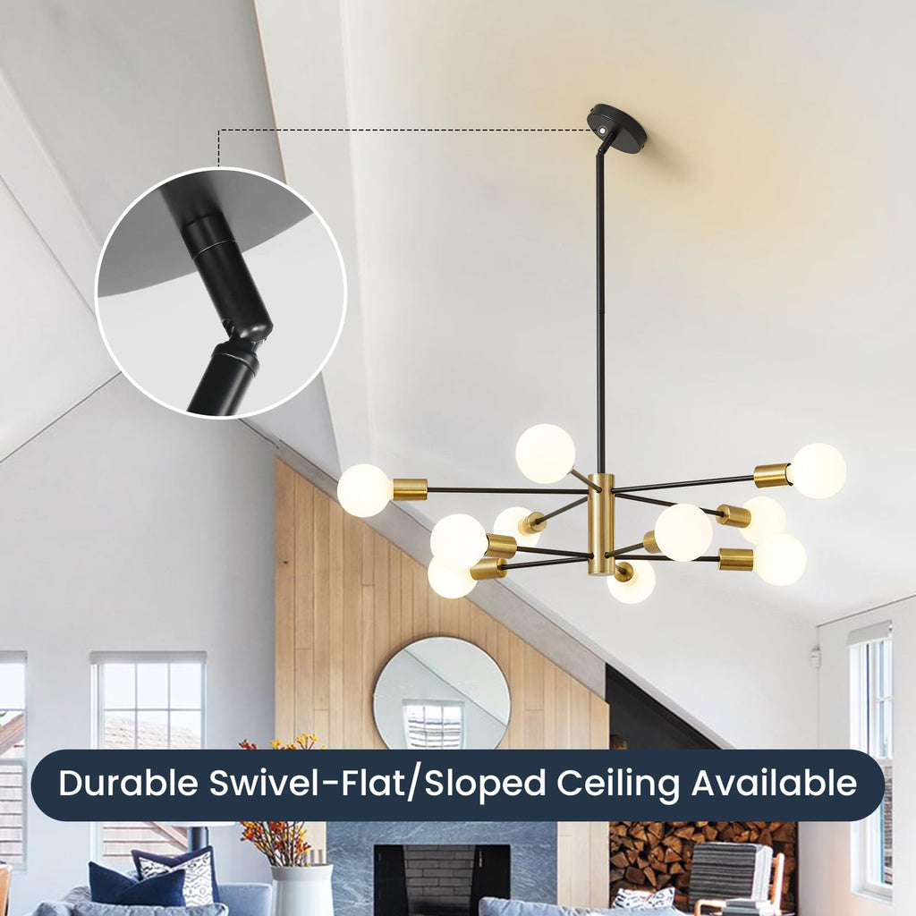 Black and Gold 10-Light Sputnik Farmhouse Chandelier for Home Decor
