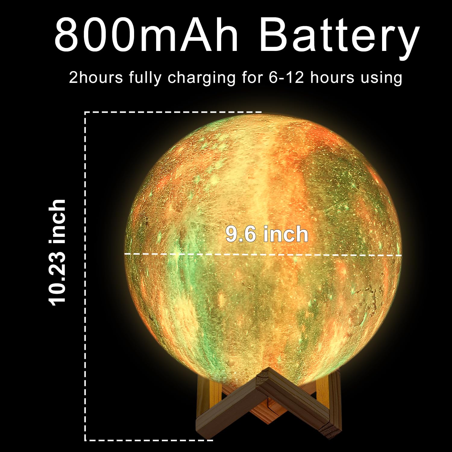 9.6-inch 3D moon night light with 16 colors, stand and remote