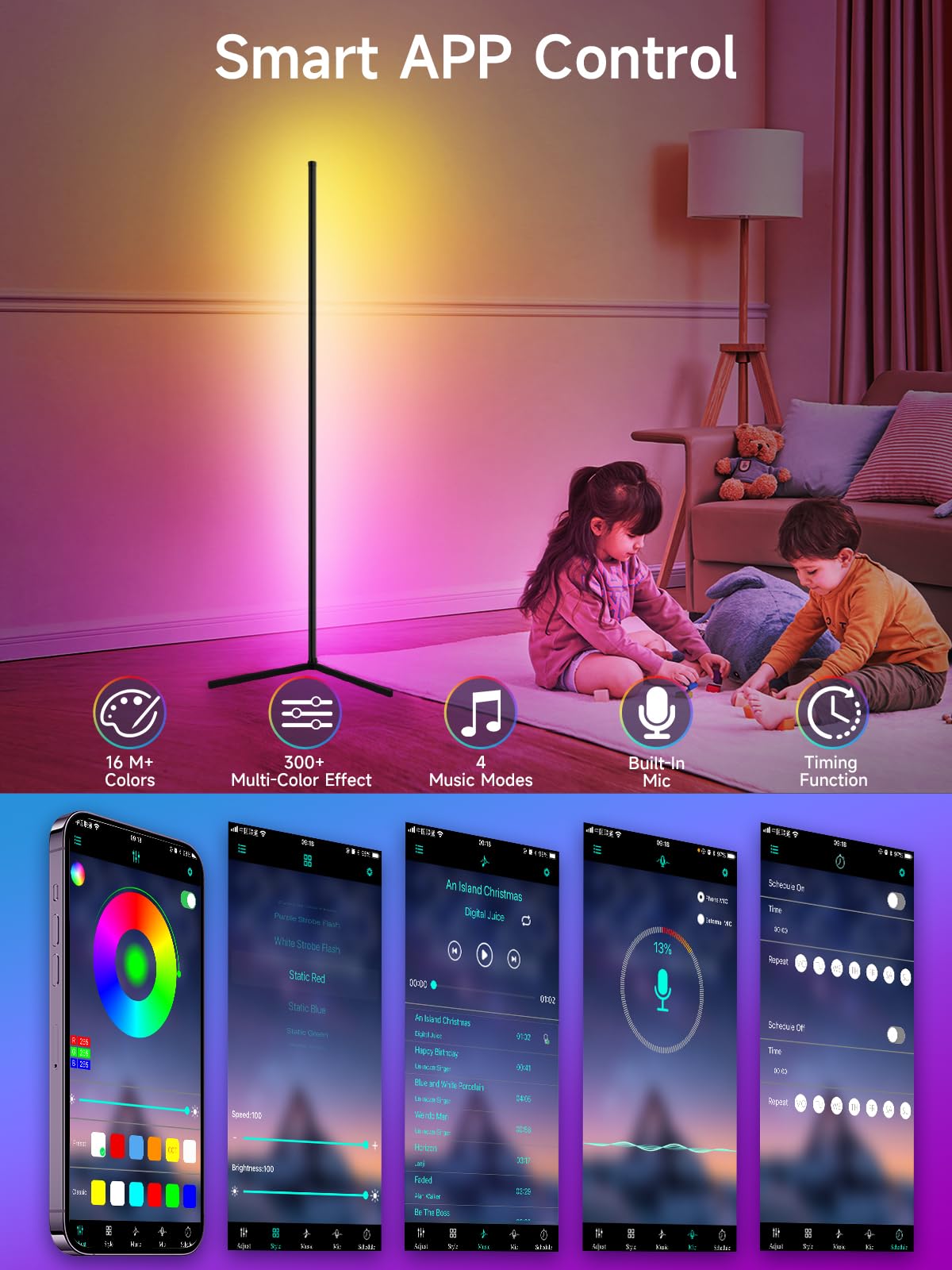 RGB corner floor lamp 2-pack with music sync and 16 million color options