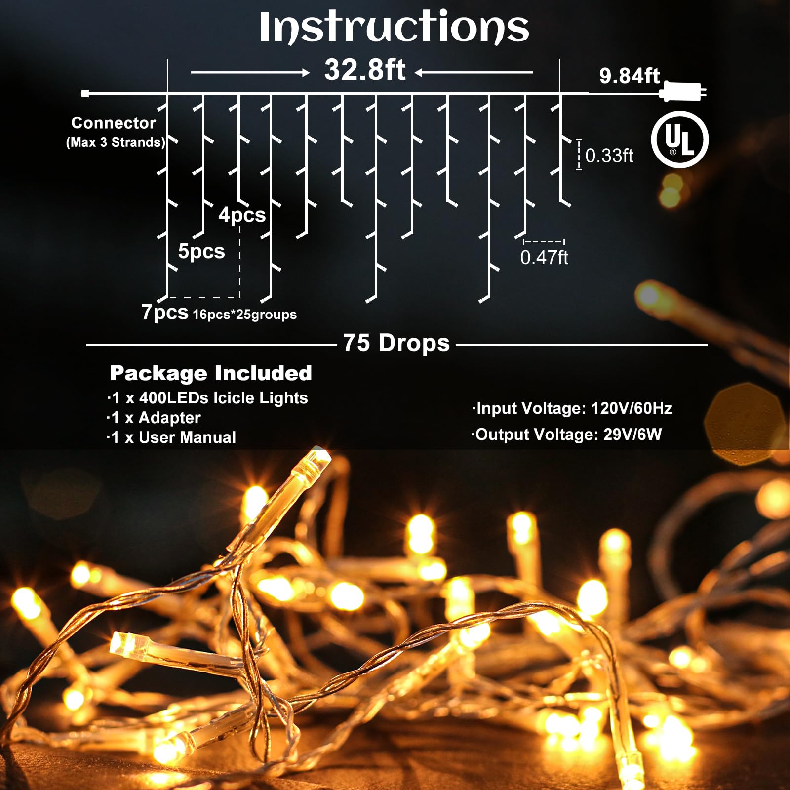 Nielfoi 33FT Icicle Christmas Lights Outdoor – 400 LED, 75 Drops, 8 Modes, Waterproof Curtain String Lights for Holiday & Garden Decoration