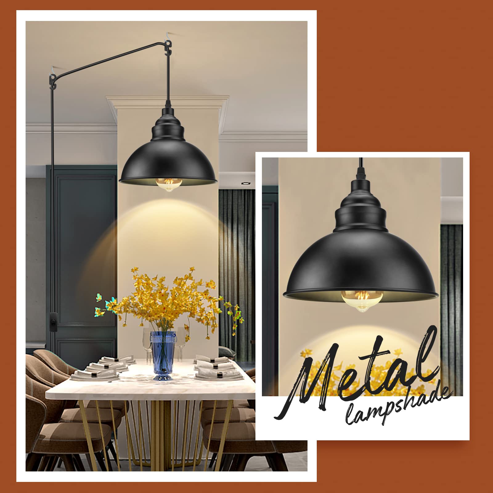 Plug-In Industrial Pendant Light with 15Ft Cord for Home Decor