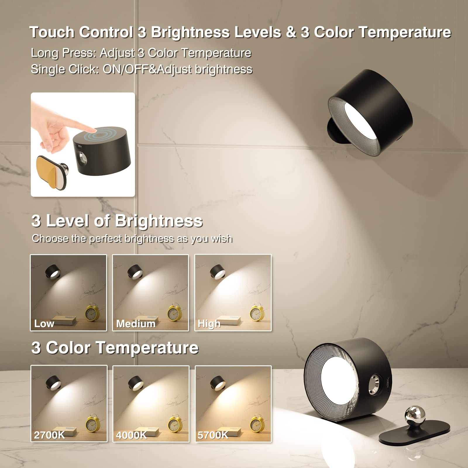 Rechargeable LED wall sconce with USB port, 3 color temps for home decor