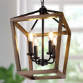 Oak Wood 4-Light Farmhouse Cage Chandelier for Kitchen Decor