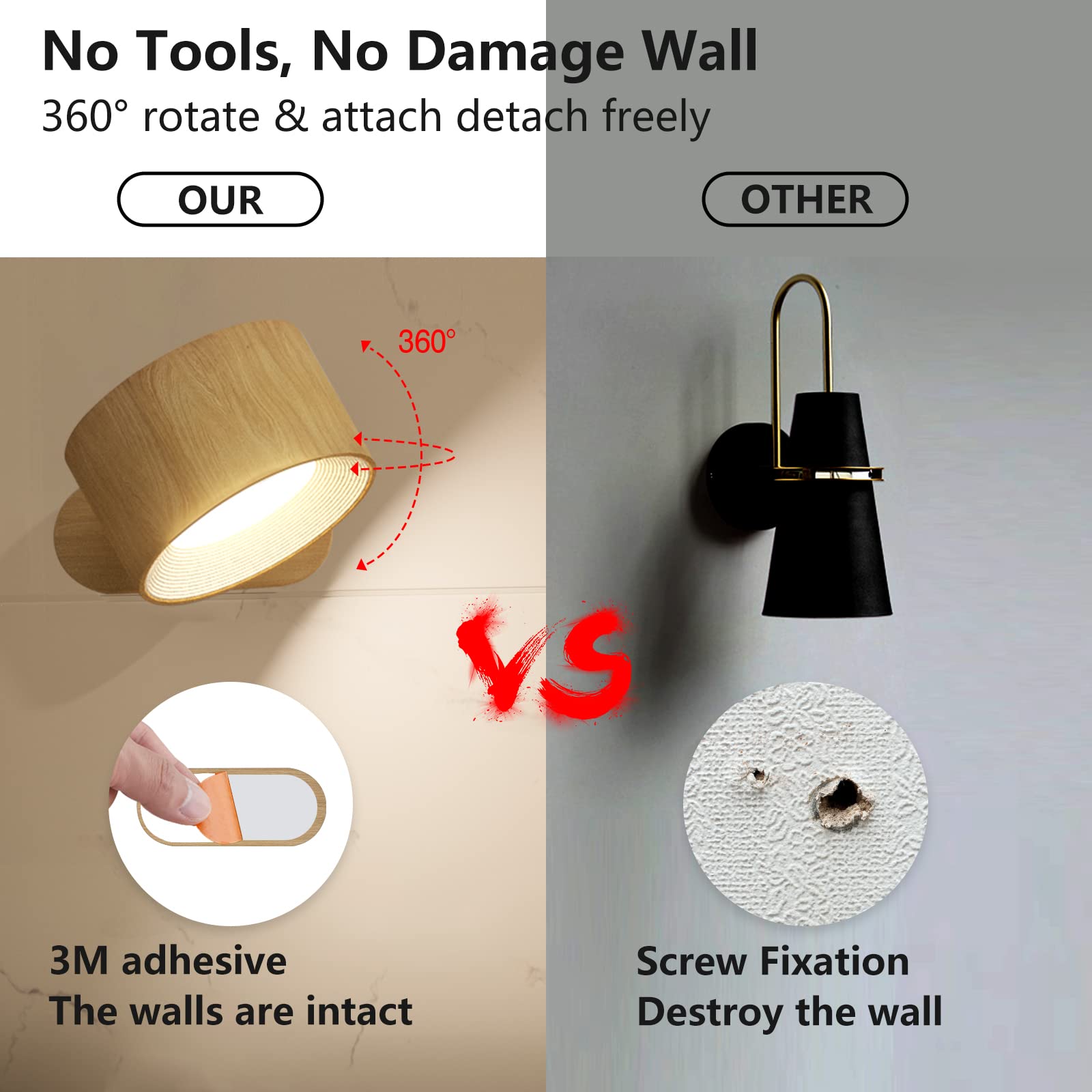 Cordless LED wall sconce for home decor with rechargeable battery