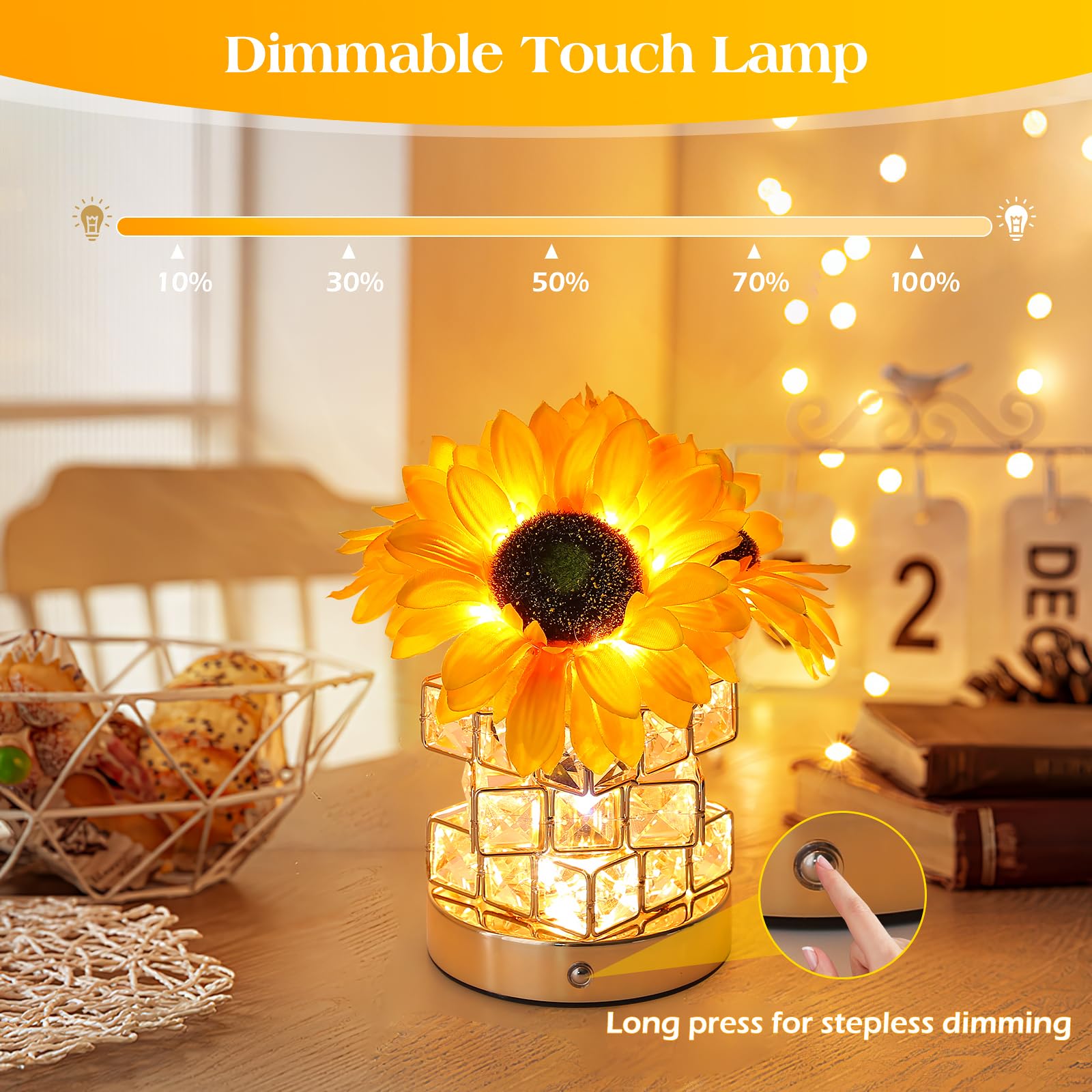 Sunflower-shaped rechargeable touch night light with 3-color infinite dimming