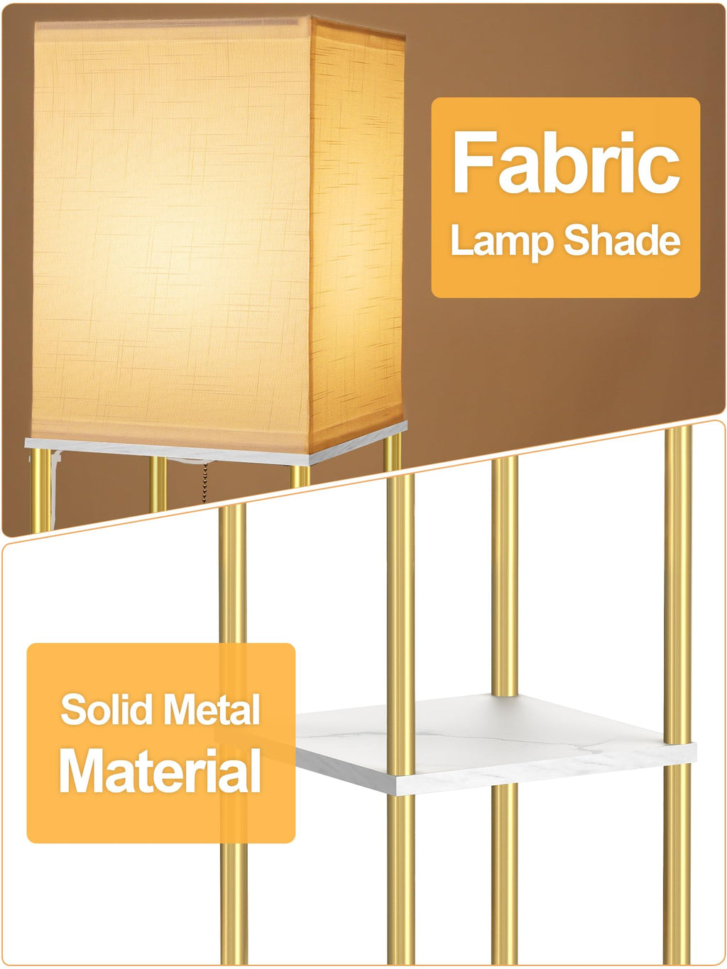 Corner floor lamp with shelves and linen shade for living room