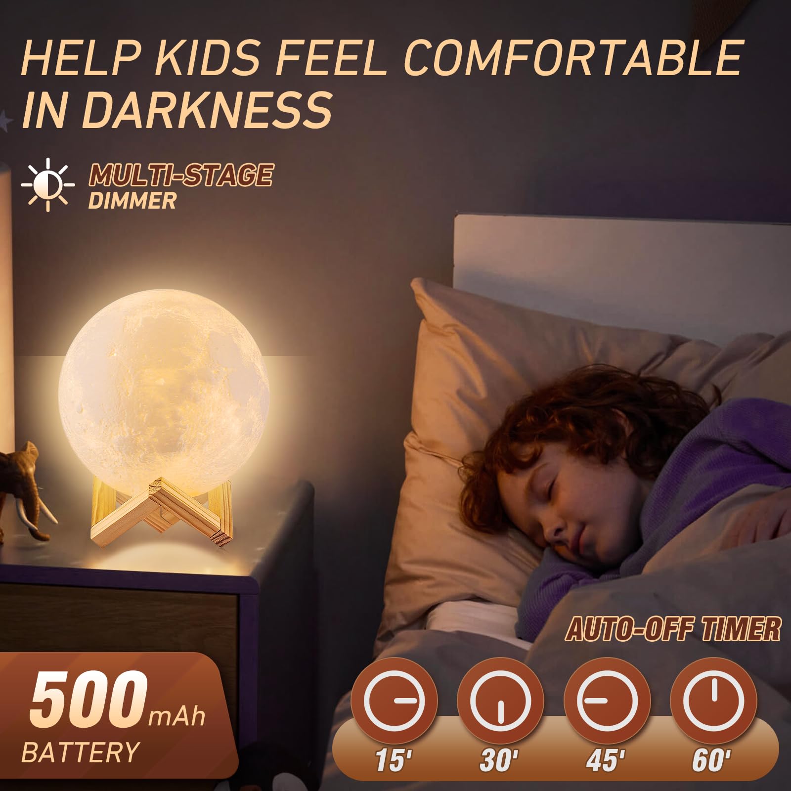 3D-printed moon night light with 16 color LED modes and stand