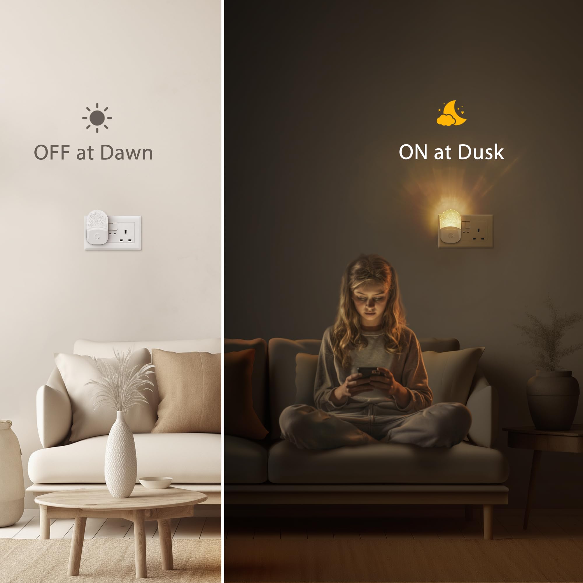 8-color RGB plug-in night light with dusk-to-dawn sensor, 4-pack