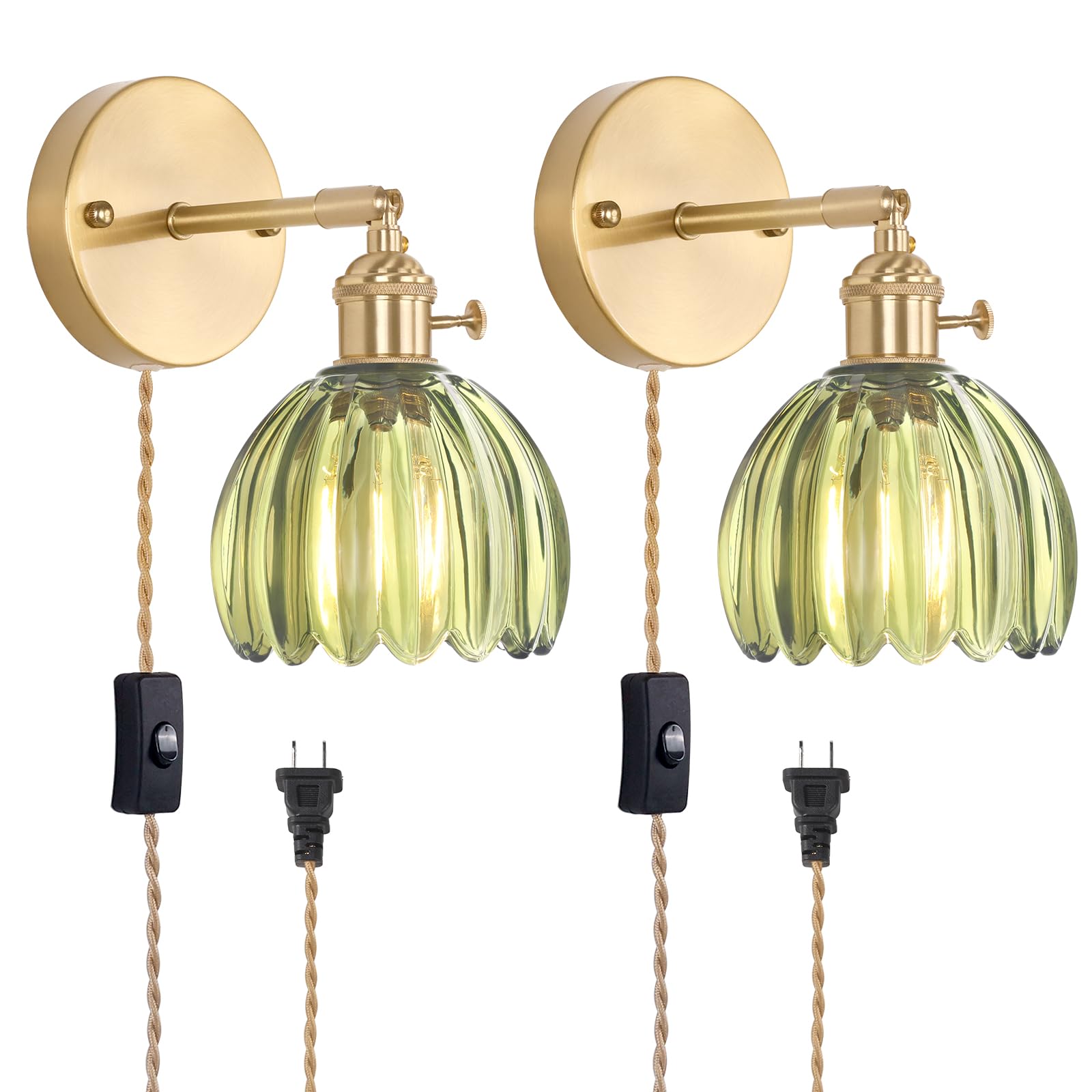 Plug-in wall sconce with green tulip glass shade for home decor, 2-pack