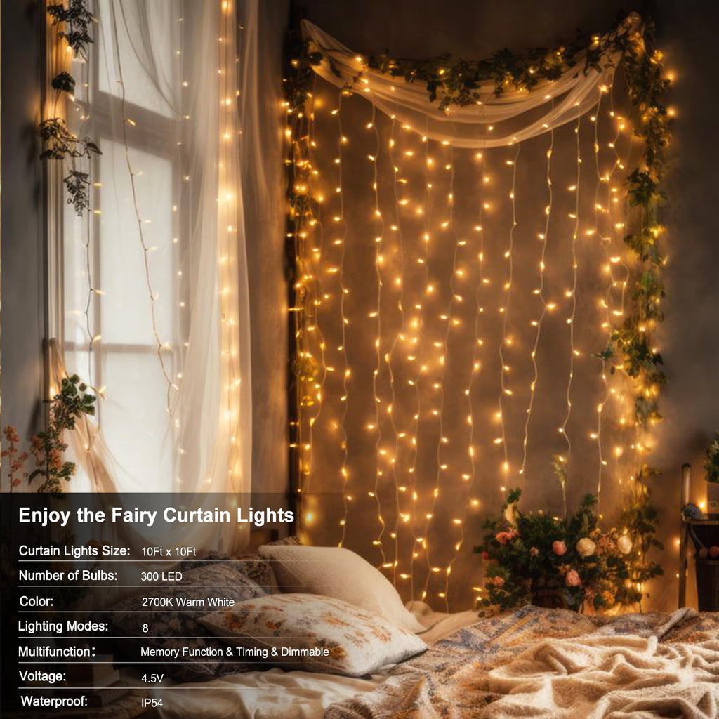 9.8x9.8-ft LED curtain string lights, battery operated, with remote and timer