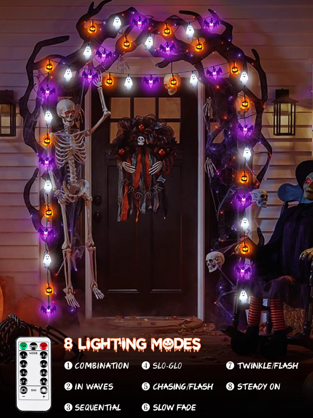 Halloween pumpkin, bat and ghost string light, 30 LED with timer