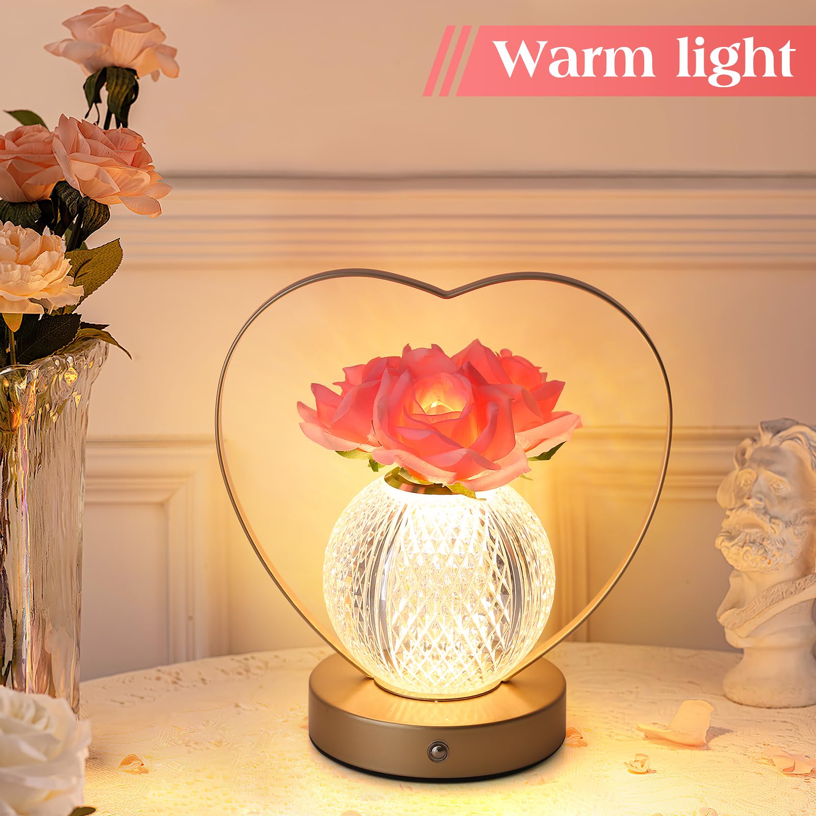 Rechargeable rose flower touch night light, cordless LED gift lamp