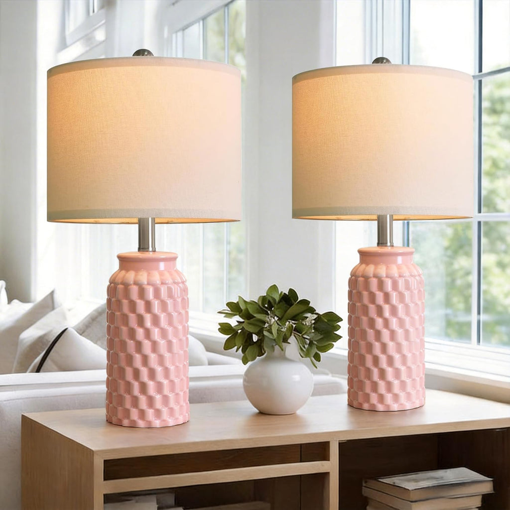 20.5-inch pink ceramic table lamp set, farmhouse bedside style