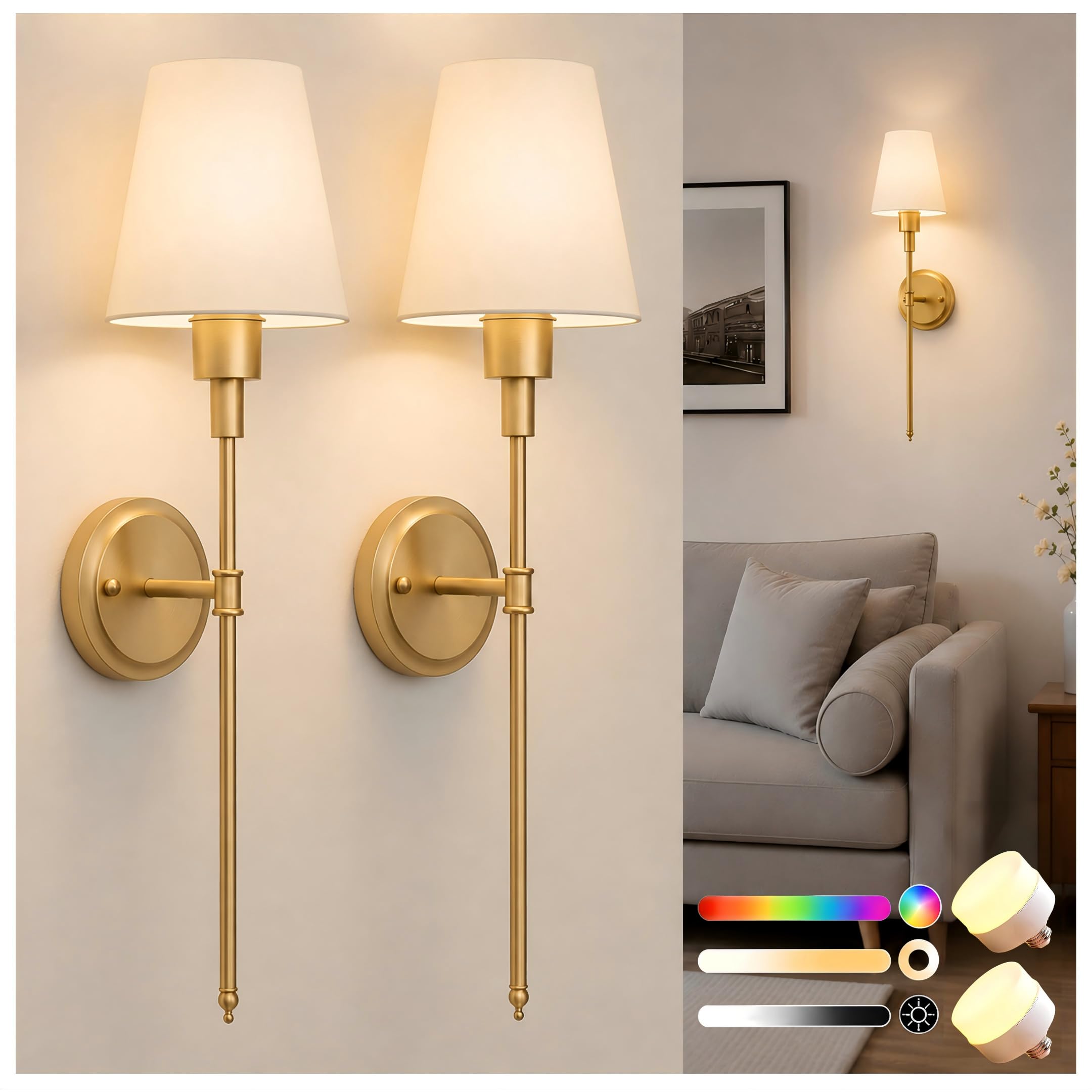 Rechargeable wireless wall sconces, set of 2, 15-color home decor lighting