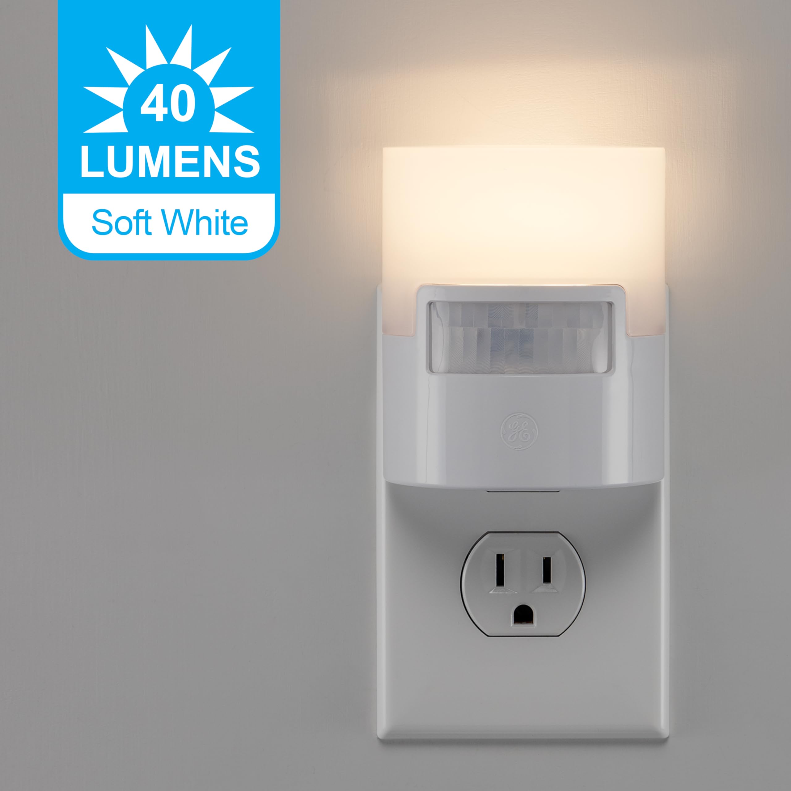 Plug-in LED motion sensor night light, soft white, UL-certified, 2-pack
