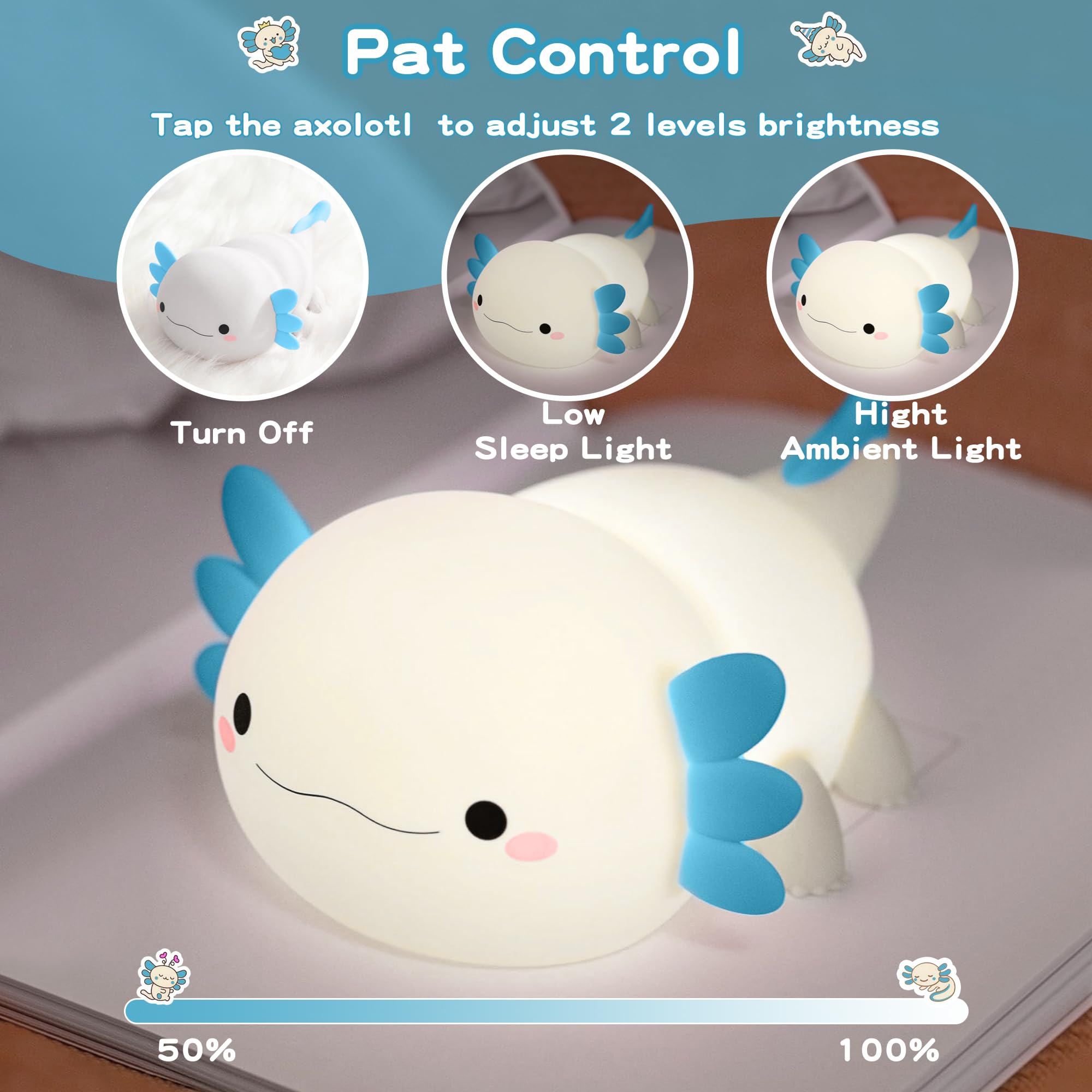 Squishy axolotl nursery night light, rechargeable and dimmable