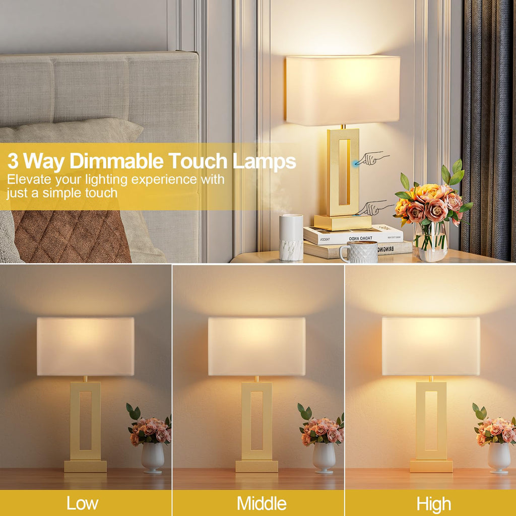 Gold touch table lamp set of 2 with USB charging ports