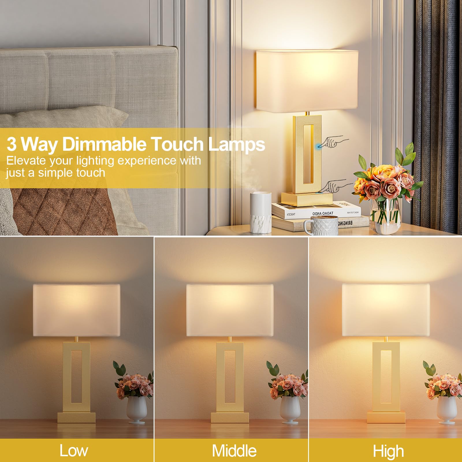 Gold touch table lamp set of 2 with USB charging ports