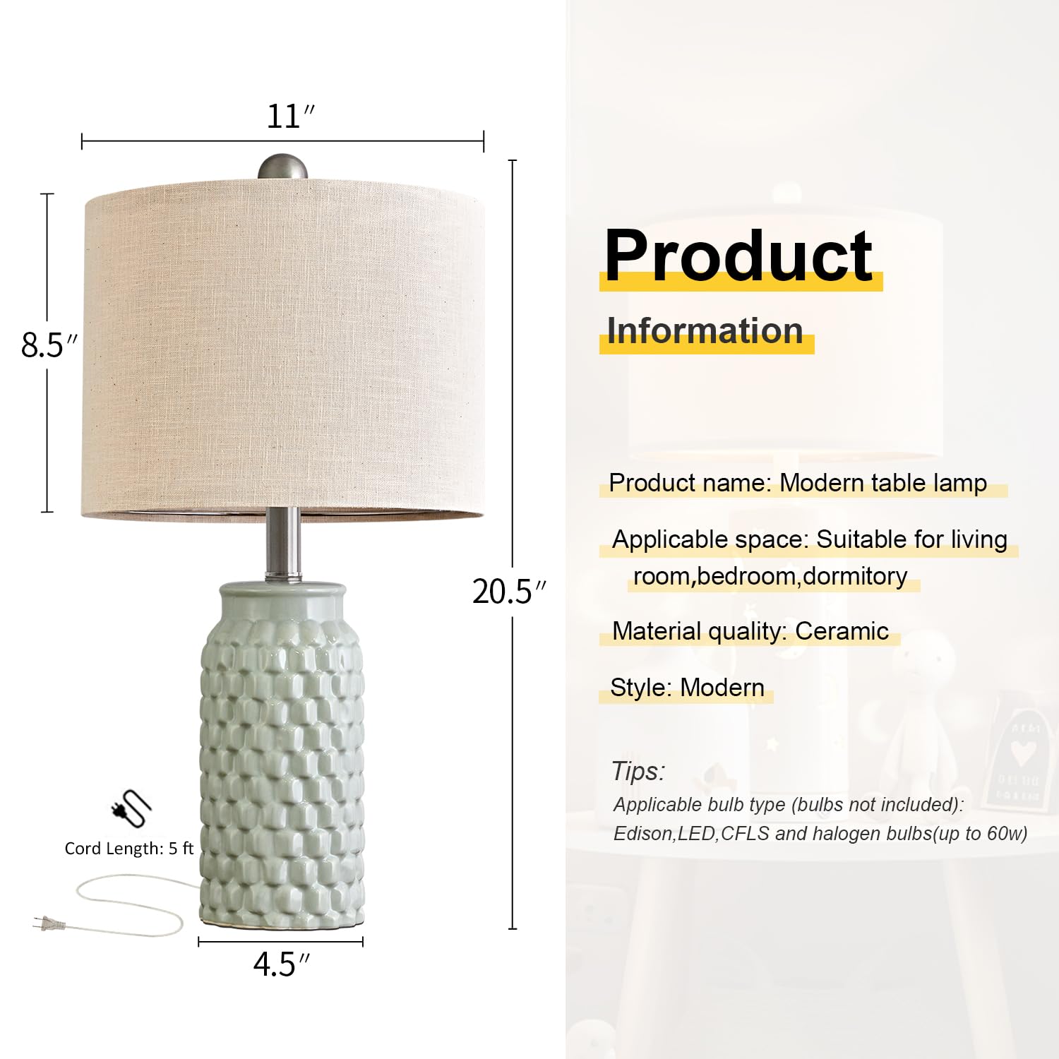 20.5-inch green ceramic table lamp set, farmhouse bedroom style