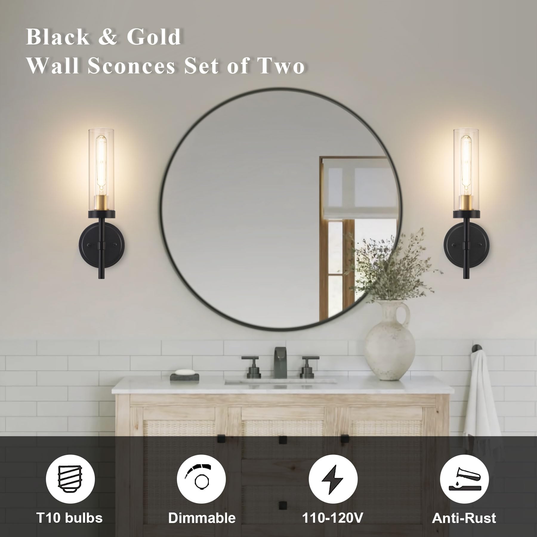 Black and gold hardwired wall sconce set of two for home decor