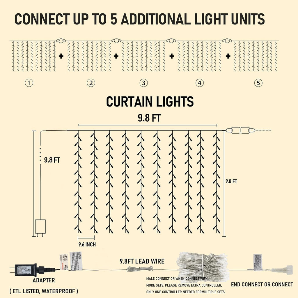 300-LED warm white curtain string light for windows, weddings and indoor decor