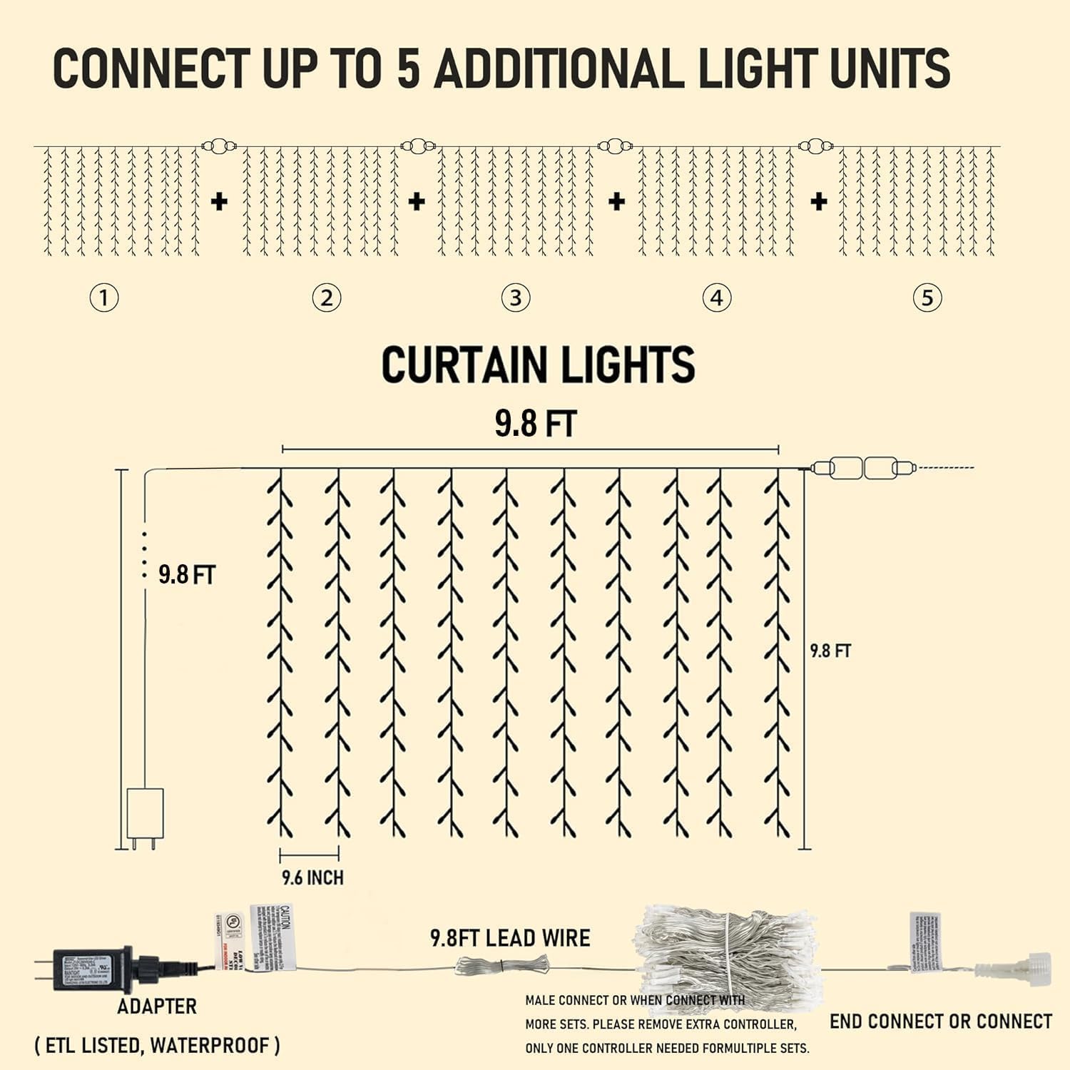 300-LED warm white curtain string light for windows, weddings and indoor decor