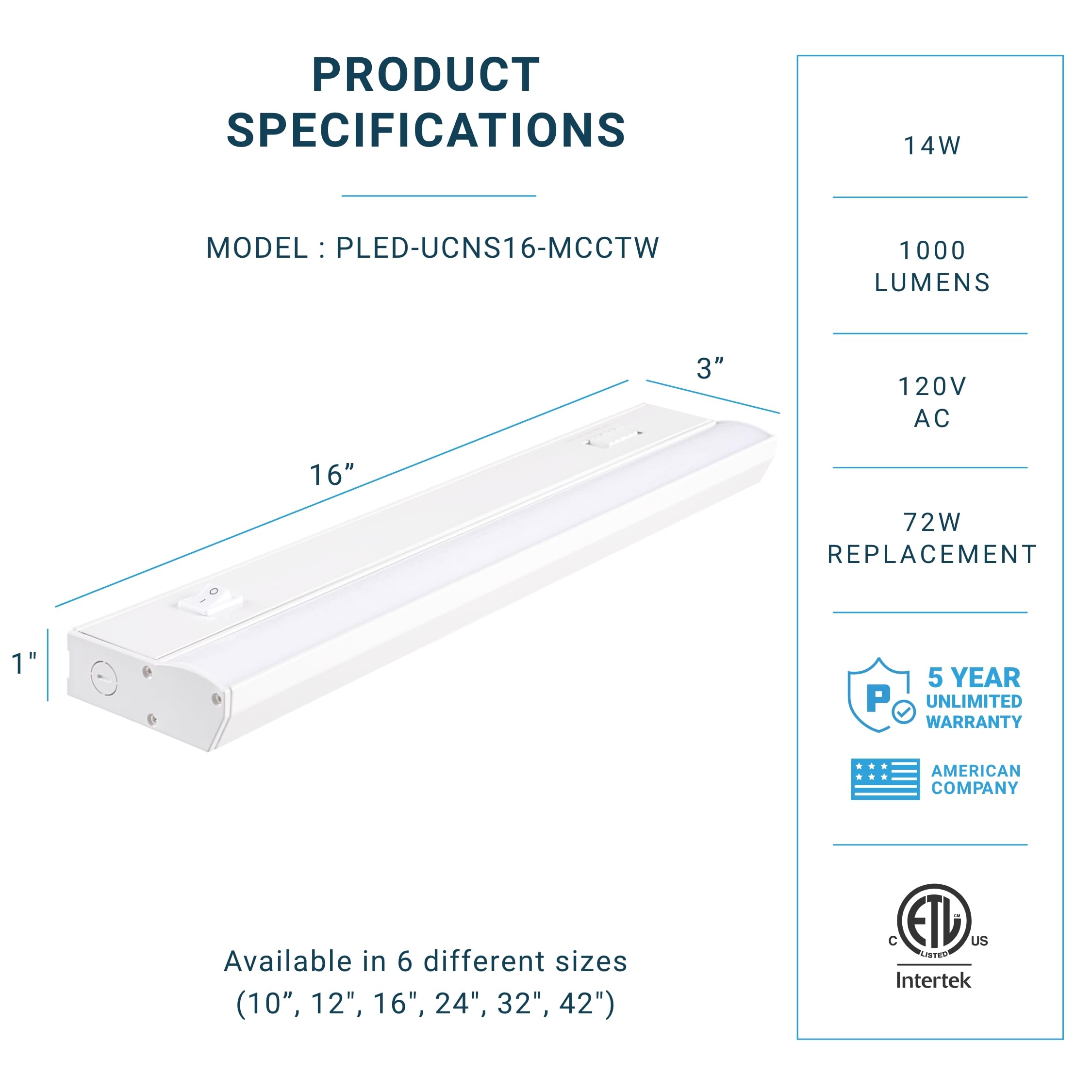 PARMIDA LED Under Cabinet Light Hardwired – 16IN, 14W, 5CCT Color Selectable, 1000LM, Dimmable for Kitchen & Workspace
