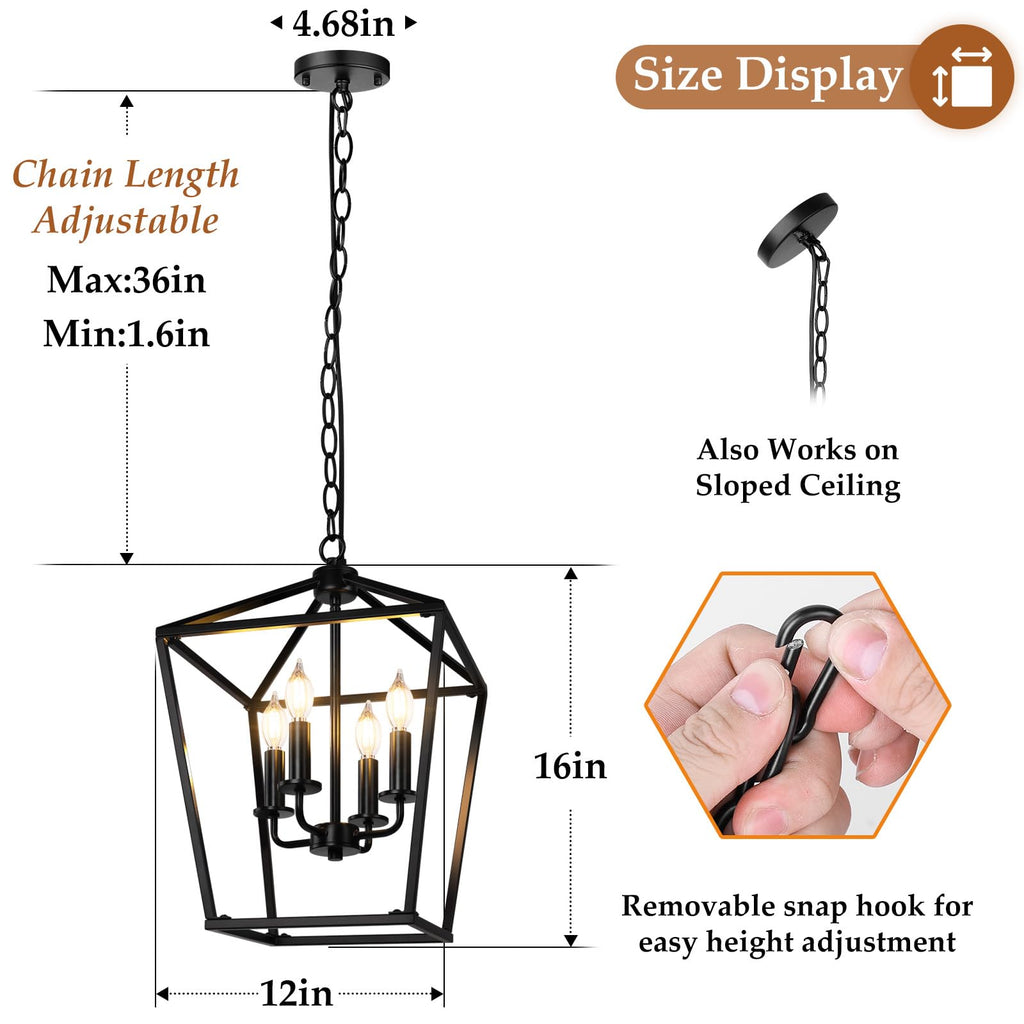Black Farmhouse 4-Light Cage Lantern Chandelier for Kitchen Decor
