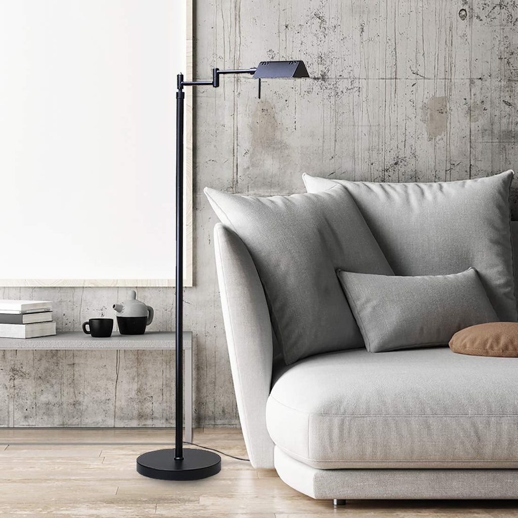 Adjustable pharmacy-style floor lamp with 360-degree swing arm