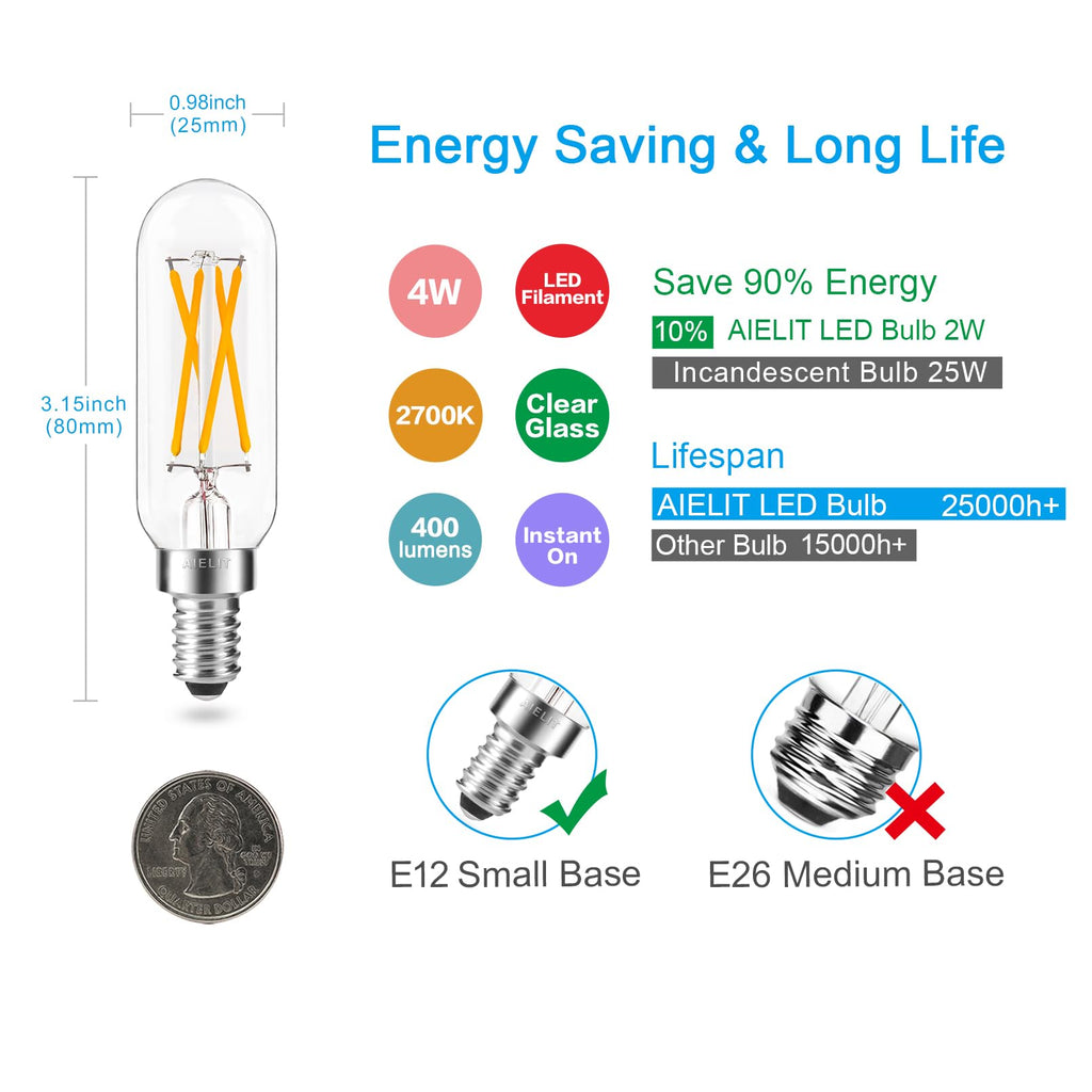4-Pack E12 LED Candelabra Bulbs Dimmable – 4W (40W Equiv.), Vintage Edison Filament, 2700K Warm White for Chandeliers