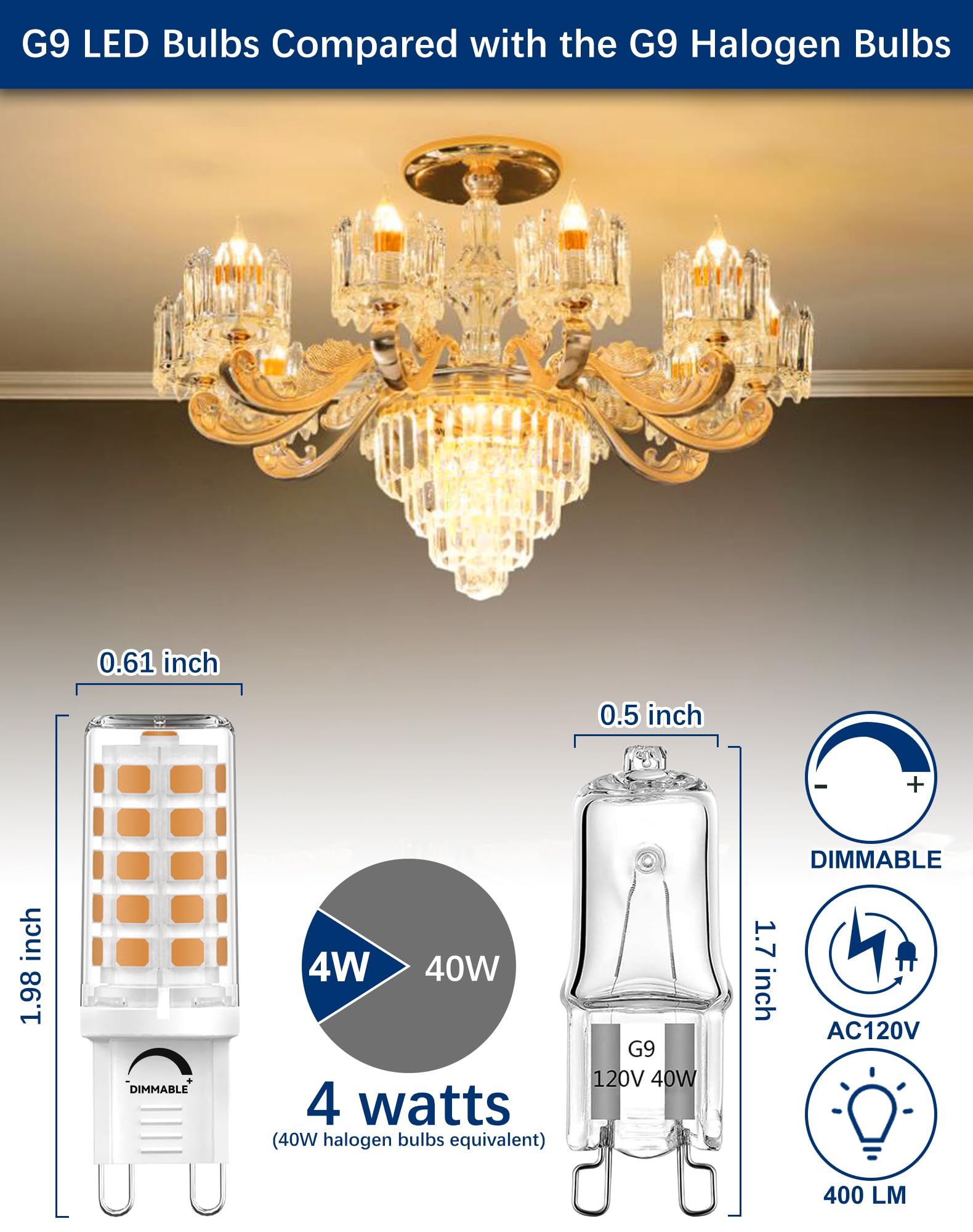 6-Pack G9 LED Bulbs Dimmable – 4W (40W Halogen Equiv.), 2700K Warm White, 400 Lumens for Chandeliers & Decorative Lighting