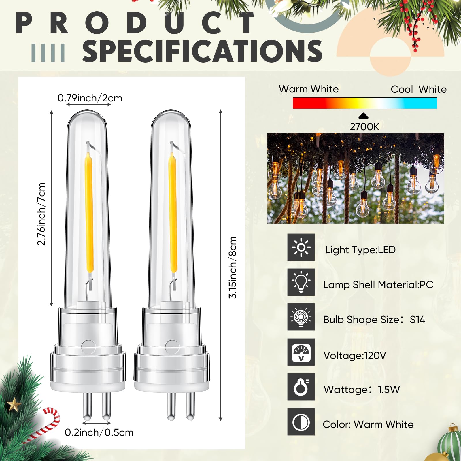 24-Pack S14 LED String Light Bulbs – 1.5W, 2700K Warm White, Waterproof, 2-Prong for Outdoor Patio Lights