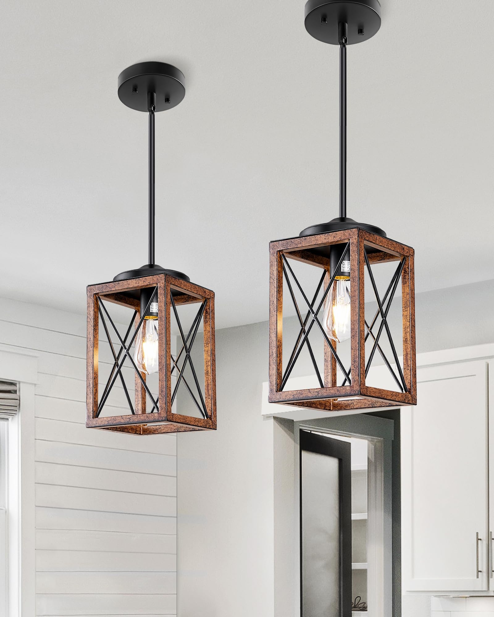 2-Pack Wood Grain Farmhouse Pendant Lights for Kitchen Decor
