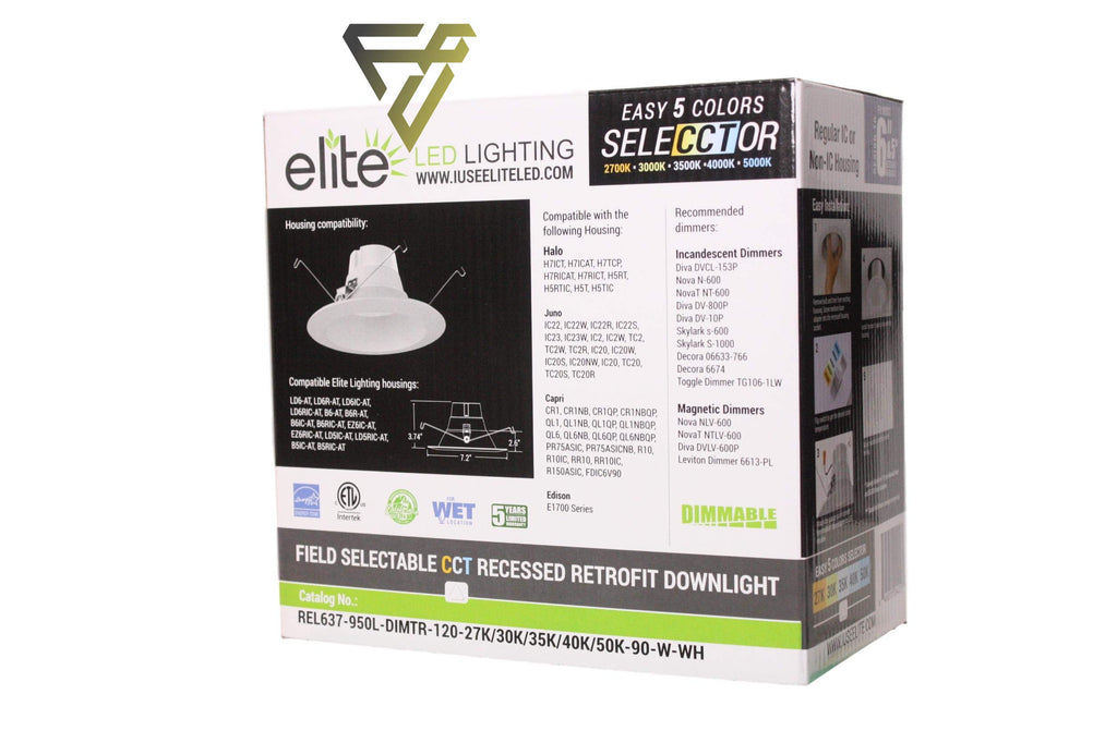 Elite LED Retrofit Baffle Trim 5/6" – CCT Color Selector 2700K/3000K/3500K/4000K/5000K, White for Recessed Lighting