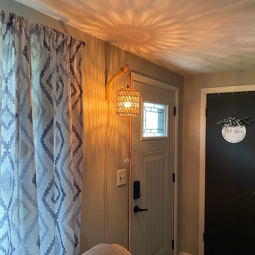 Set of 2 hand-woven rattan plug-in wall sconces for boho home decor