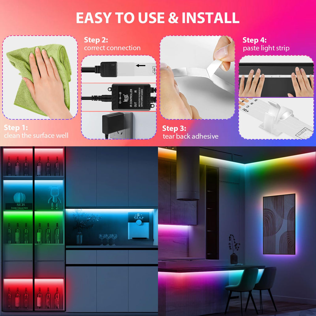 2-Pack LED Strip Lights 65.6FT – RGB Color Changing, Dimmable 5050, Remote Control, Self-Adhesive for Home & Party Decor
