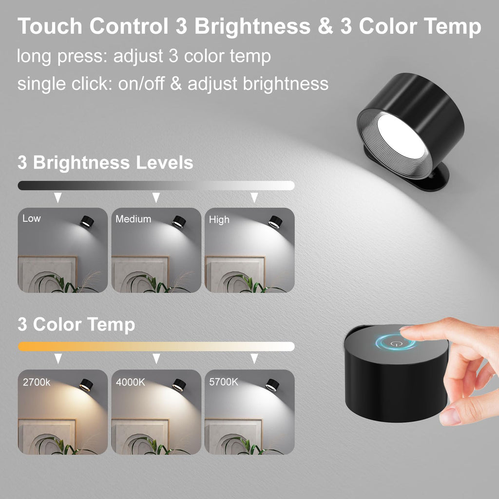 Set of 2 rechargeable LED wall sconces with 360-degree rotation for home decor